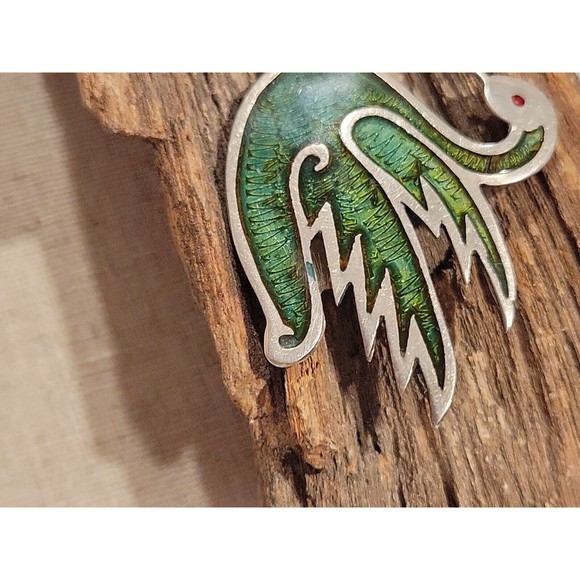 Vintage 925 Sterling Silver Inlay Swan Brooch Artist Signed JS Taxco Mexico MCM - Picture 2 of 8